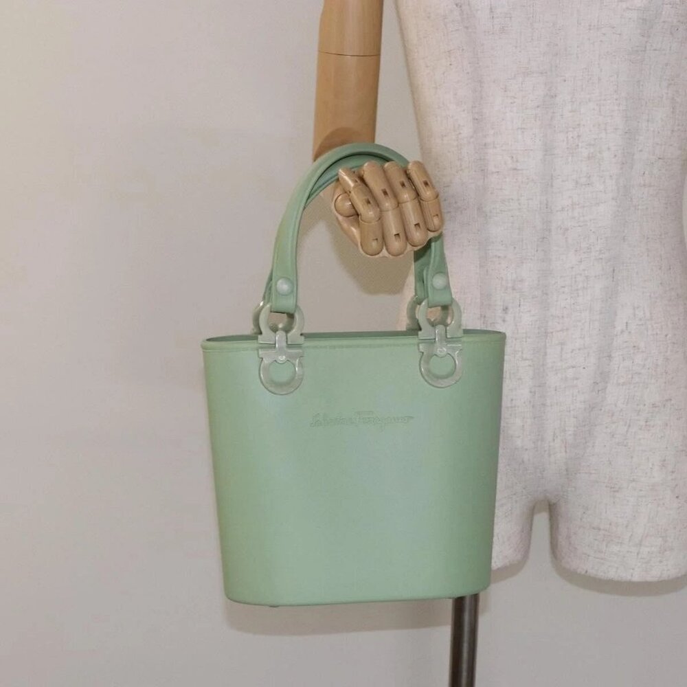 Salvatore Ferragamo Gancini Hand Bag Rubber Green Auth 142183